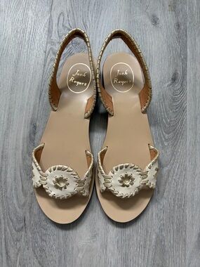 Jack Rogers Cream Leather Slingback Sandals with Whipstitch Medallions